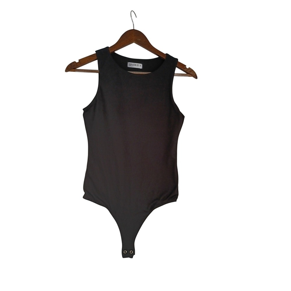 Popular 21 Black Ribbed Sleeveless Bodysuit S Goth Grunge Crew Neck Snap Closure